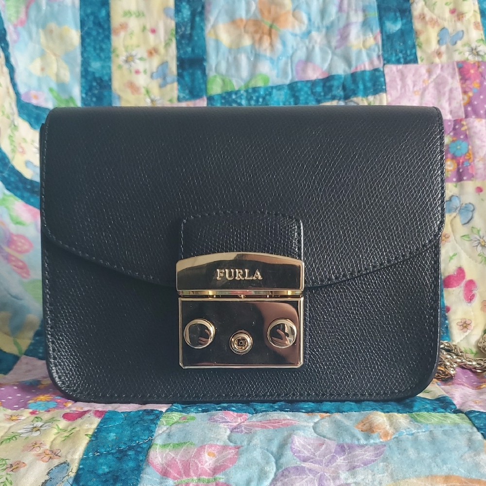 Furla Black Crossbody Bag with Gold Clasp
